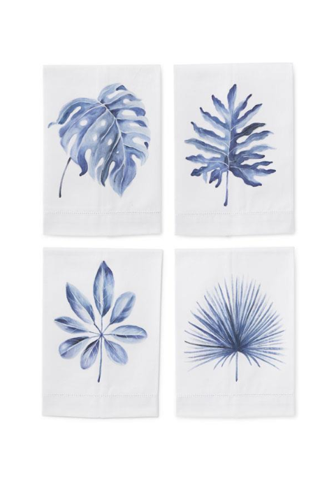 Blue Tropical Leaves Hand Painted Cotton Guest Towel Assorted