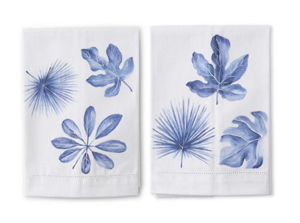 Blue Tropical Leaves Hand Painted Cotton Guest Towel Assorted