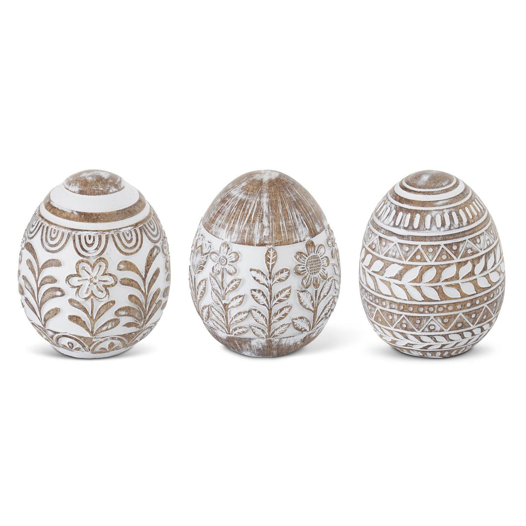 Whitewashed Floral Carved Resin Easter Eggs, 3 Styles