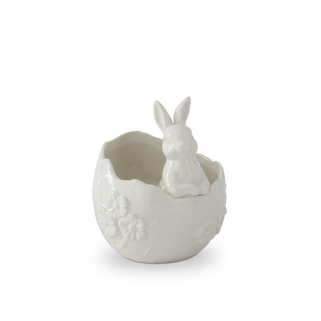 White Ceramic Flower Embossed Egg Container with Easter Bunny