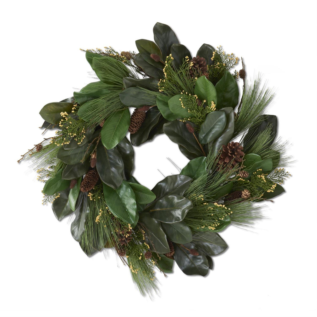 Magnolia Long Needle Pine Wreath with Yellow Berries, Twigs, & Pinecones