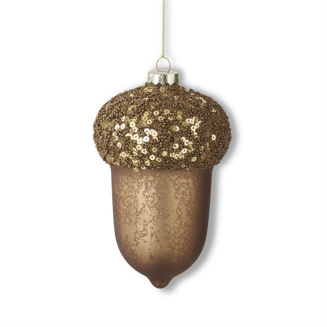 Brown Mercury Glass Acorn Ornament with Glittered Beaded Top