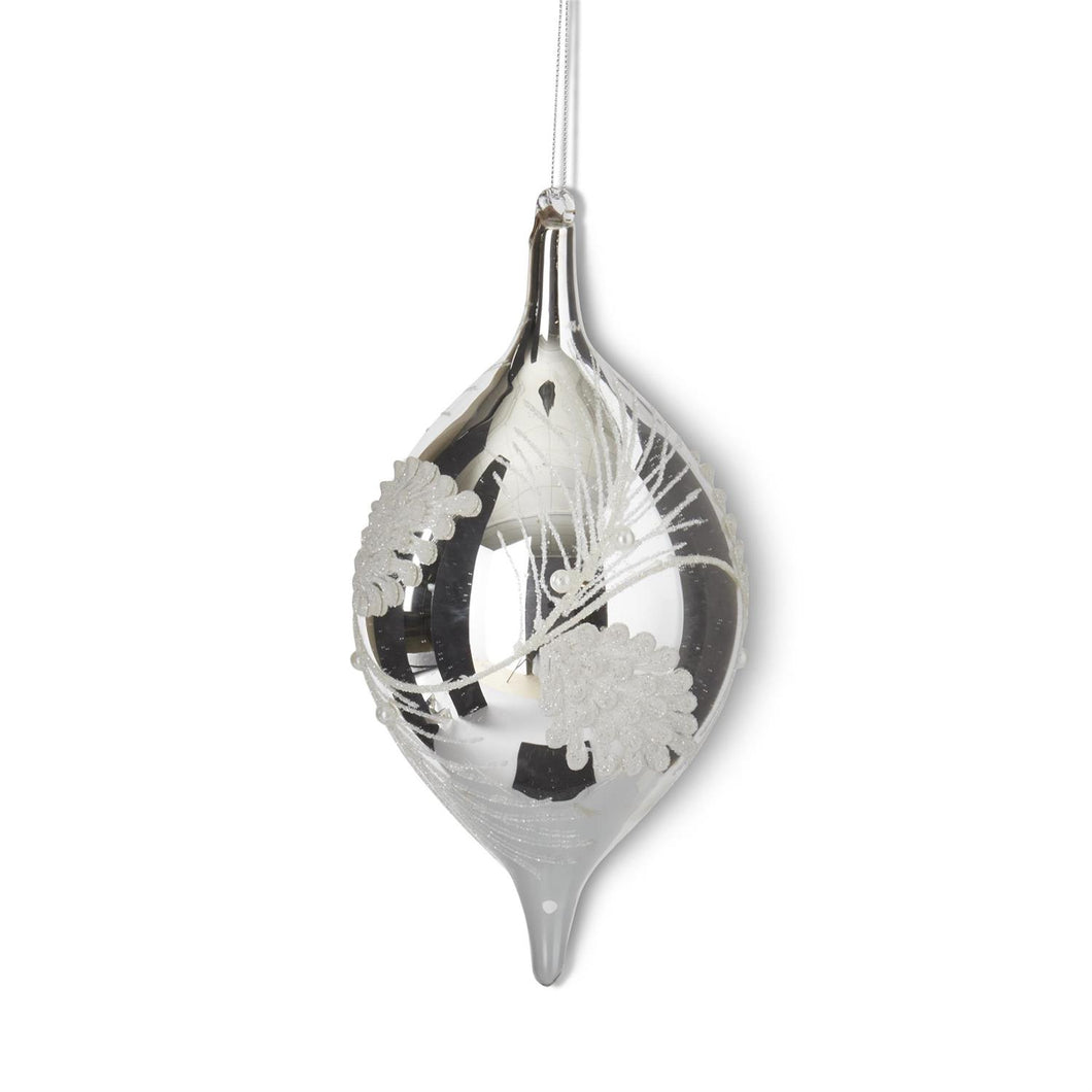 Silver Glass Holly Finial Ornament with White Beads