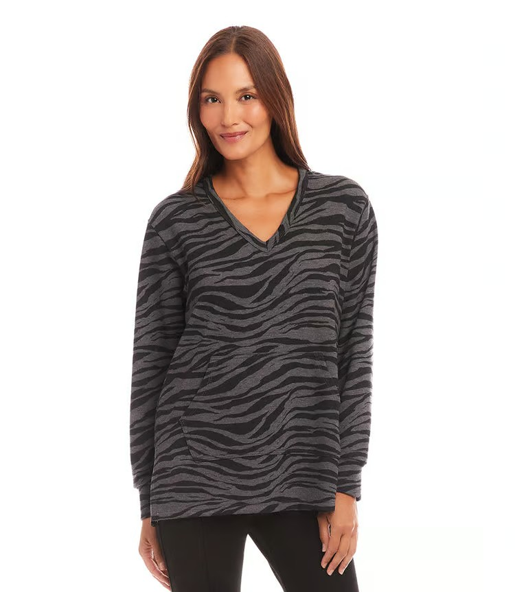 Karen Kane Black & Grey Print Long Sleeve V-Neck Sweatshirt