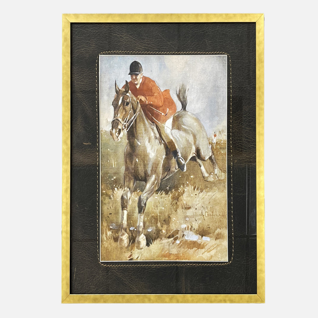 Framed Vintage Horse & Rider Matted in Dark Brown Leather