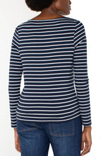 Load image into Gallery viewer, Liverpool Long Sleeve Boatneck Knit Top, Dark Navy with White Stripes
