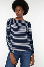 Load image into Gallery viewer, Liverpool Long Sleeve Boatneck Knit Top, Dark Navy with White Stripes
