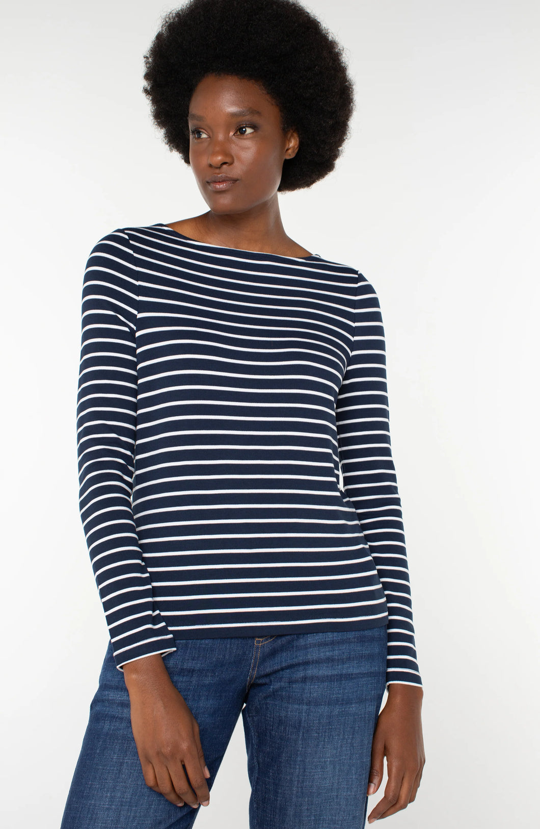 Liverpool Long Sleeve Boatneck Knit Top, Dark Navy with White Stripes