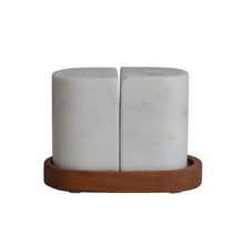 Load image into Gallery viewer, Marble Salt &amp; Pepper Shakers with Acacia Wood Tray
