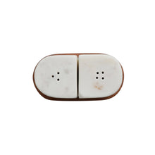 Load image into Gallery viewer, Marble Salt &amp; Pepper Shakers with Acacia Wood Tray
