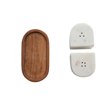 Load image into Gallery viewer, Marble Salt &amp; Pepper Shakers with Acacia Wood Tray
