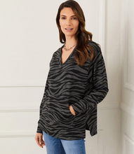 Load image into Gallery viewer, Karen Kane Black &amp; Grey Print Long Sleeve V-Neck Sweatshirt
