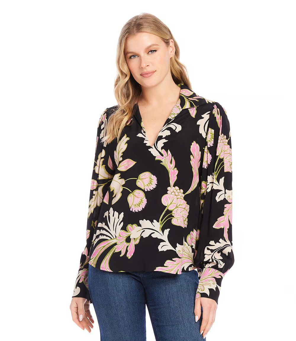 Karen Kane Floral Print Blouson V-Neck Top