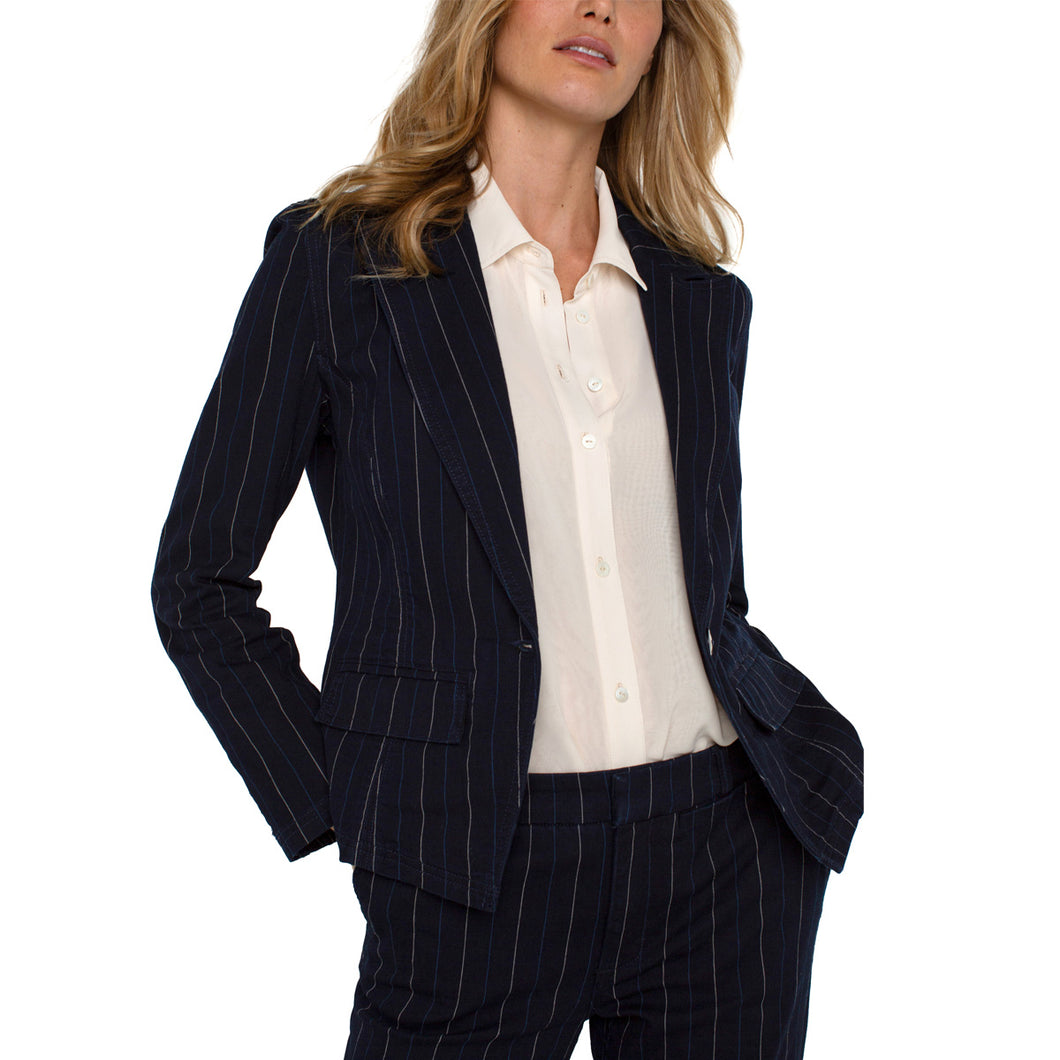 Liverpool Notch Collar One Button Blazer in Lapis Indigo Stripe