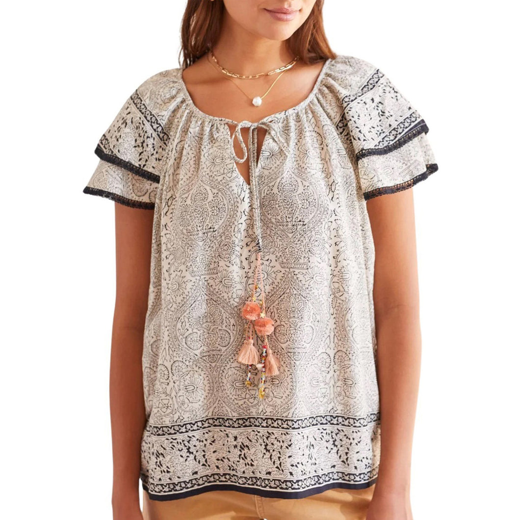 Tribal Flutter Sleeve Blouse with Tassel in French Oak