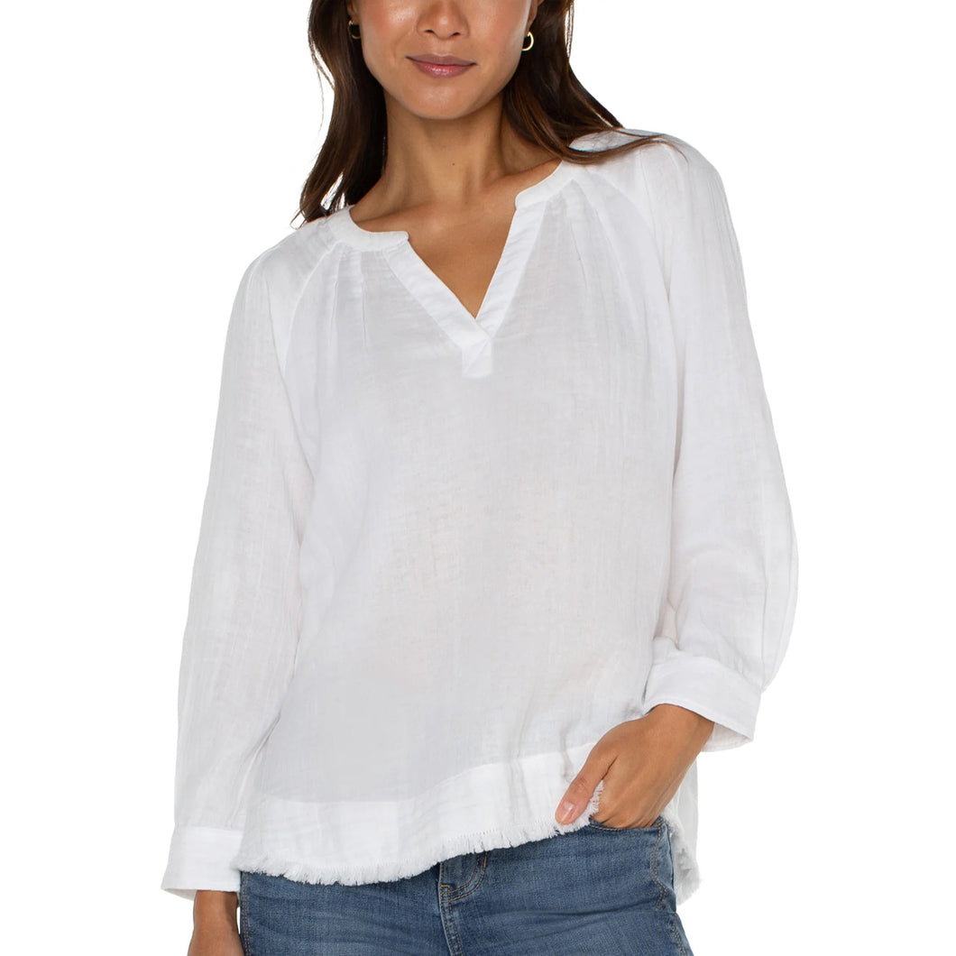 Liverpool 3/4 Sleeve Raglan Top with Pleats and Fray Hem White