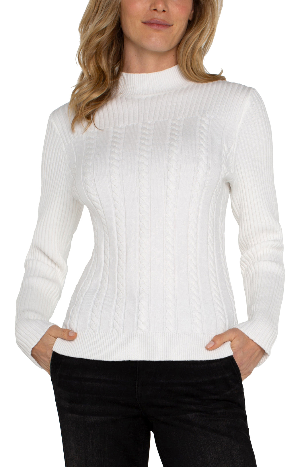 Liverpool Long Sleeve Mock Neck Cable Sweater in Porcelain