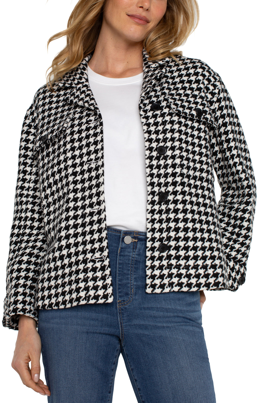 Liverpool Boxy Black & White Houndstooth Cropped Shacket with Side Slits