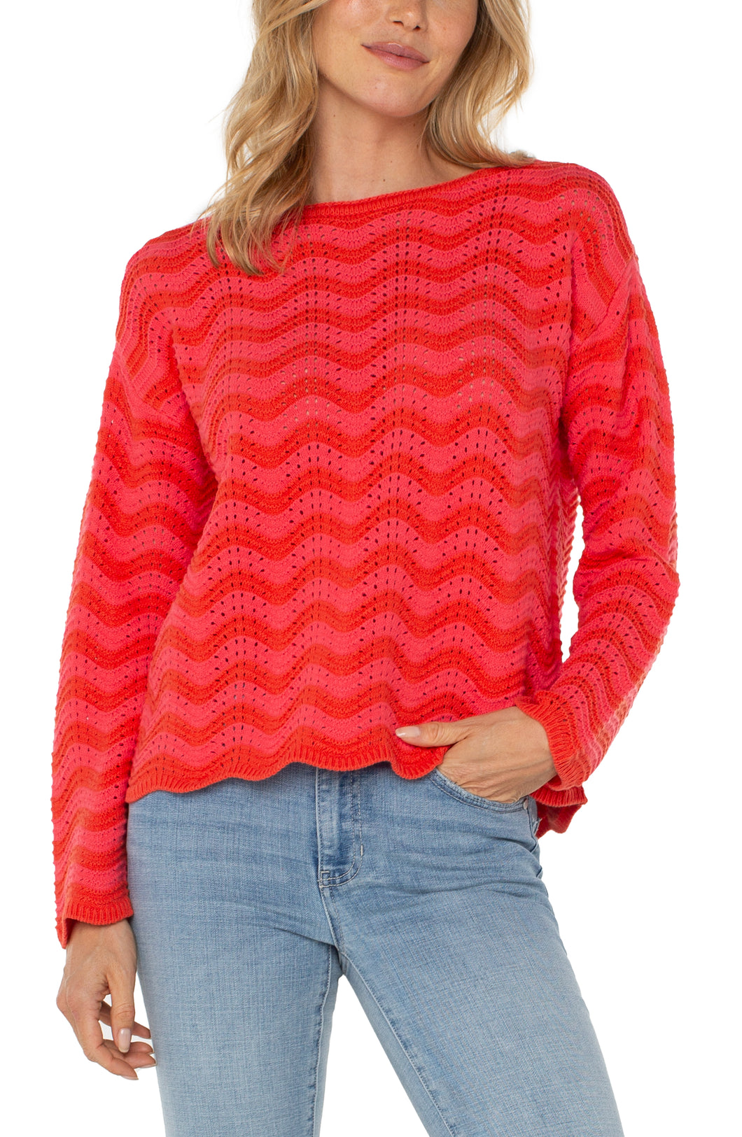 Liverpool Pink & Red Long Sleeve Boat Neck Scallop Hem Sweater